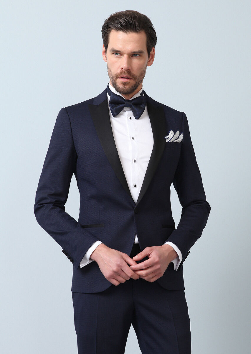 Saks Desenli Fashion Slim Fit Kruvaze Yaka Dokuma Smokin Takım Elbise - 5