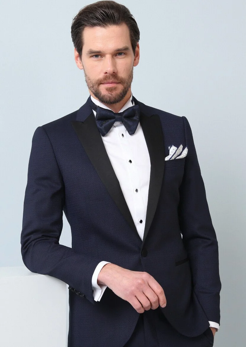 Saks Desenli Fashion Slim Fit Kruvaze Yaka Dokuma Smokin Takım Elbise - 1