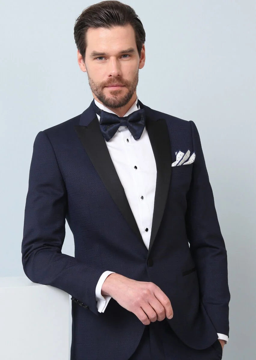 Saks Desenli Fashion Slim Fit Kruvaze Yaka Dokuma Smokin Takım Elbise - 1