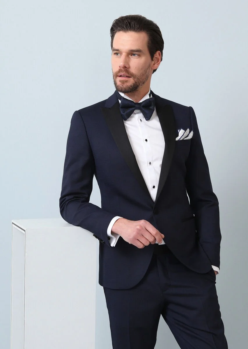 Saks Desenli Fashion Slim Fit Kruvaze Yaka Dokuma Smokin Takım Elbise - 3
