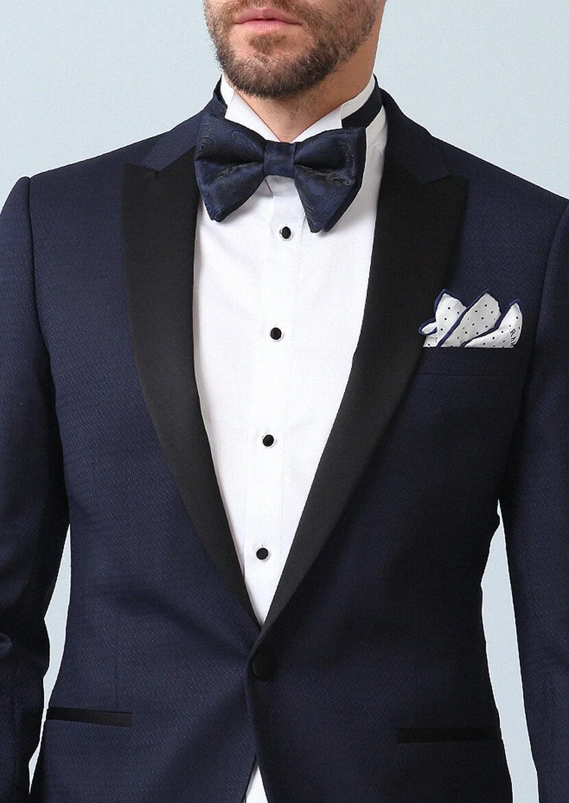 Saks Desenli Fashion Slim Fit Kruvaze Yaka Dokuma Smokin Takım Elbise - 4
