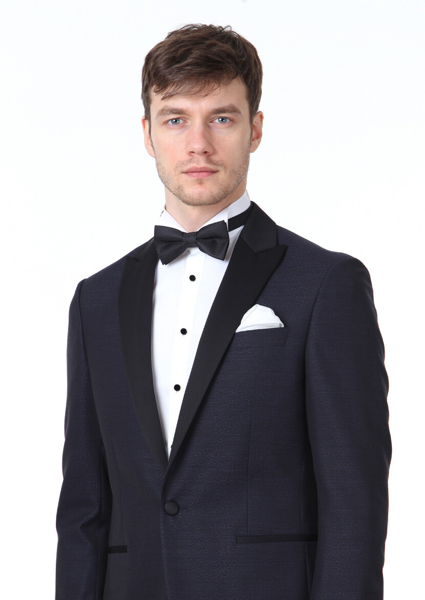 Saks Desenli Modern Fit Kruvaze Yaka Dokuma Smokin Takım Elbise - 3