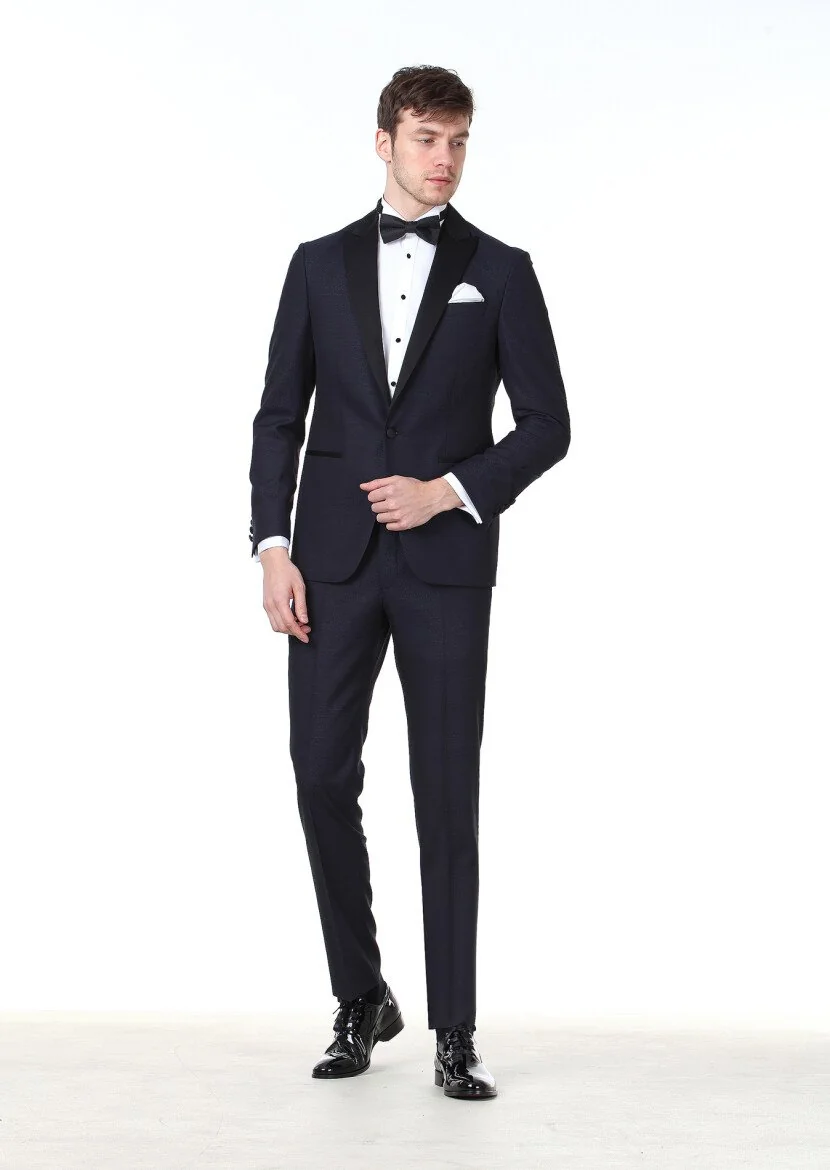 Saks Desenli Modern Fit Kruvaze Yaka Dokuma Smokin Takım Elbise - 1