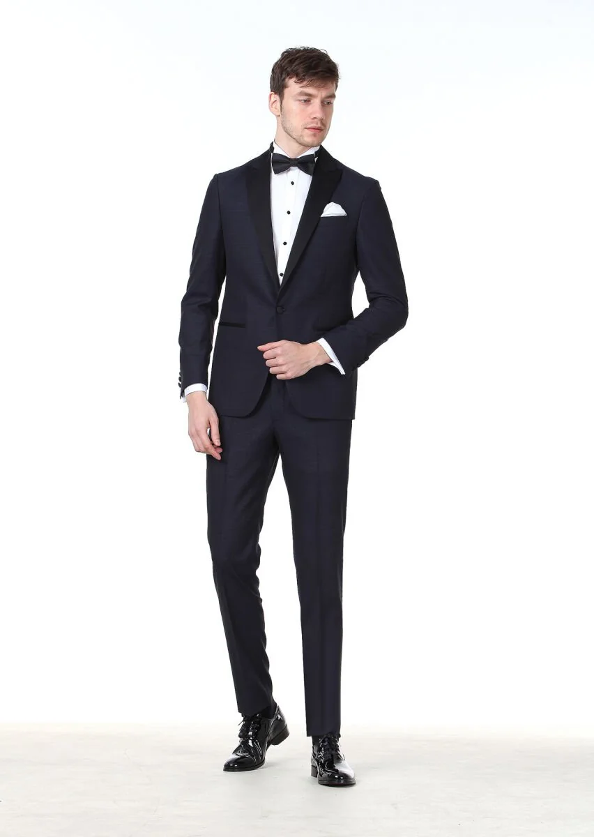 Saks Desenli Modern Fit Kruvaze Yaka Dokuma Smokin Takım Elbise - 1