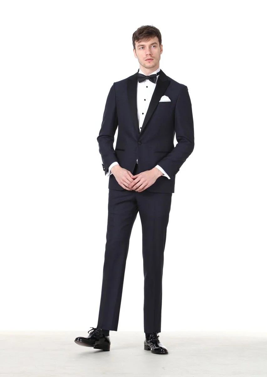 Saks Desenli Modern Fit Kruvaze Yaka Dokuma Smokin Takım Elbise - 2
