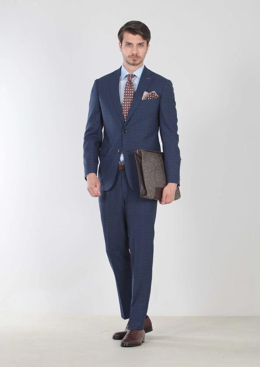 Saks Desenli Regular Fit %100 Yün Takım Elbise - 1