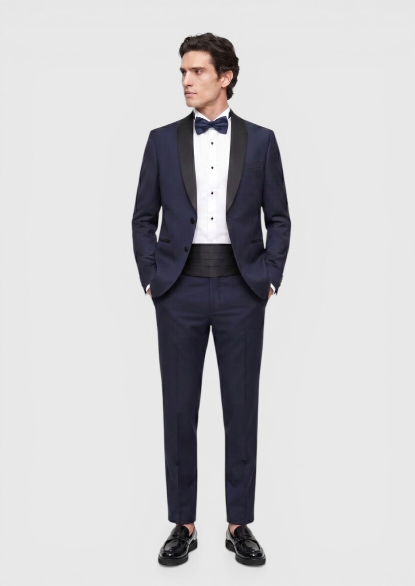 Saks Düz Fashion Slim Fit Kelebek Yaka Dokuma Smokin Takım Elbise - 4