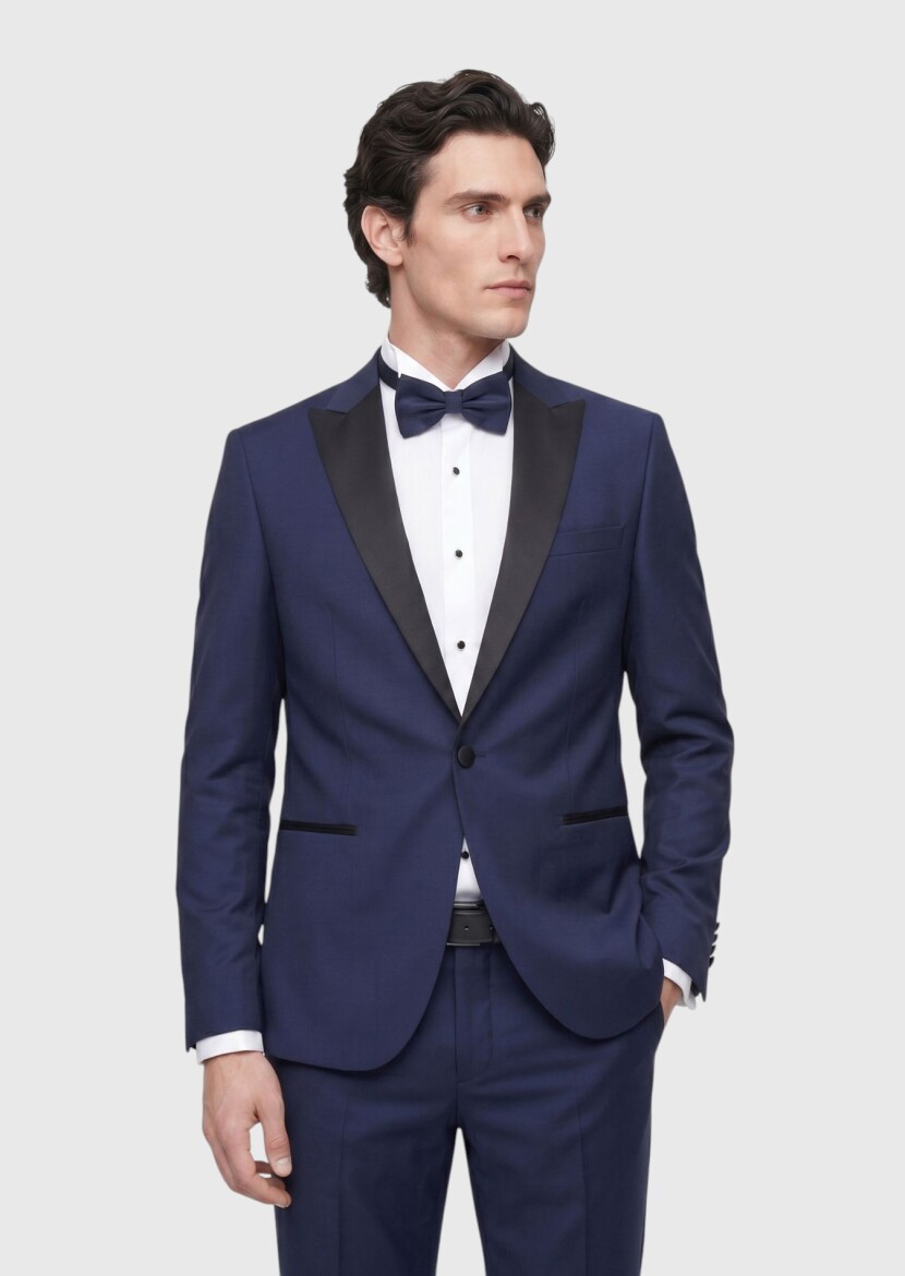 Saks Düz Fashion Slim Fit Kruvaze Yaka Dokuma Smokin Takım Elbise - RAMSEY