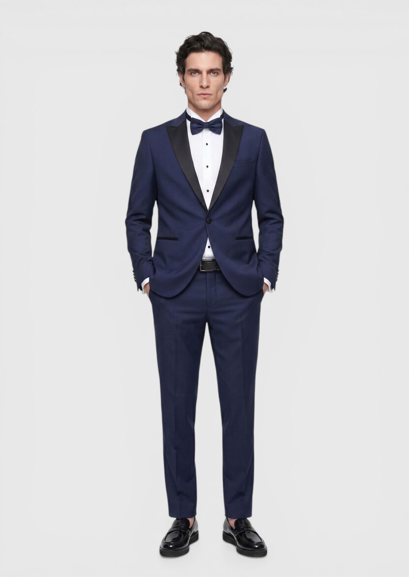 Saks Düz Fashion Slim Fit Kruvaze Yaka Dokuma Smokin Takım Elbise - RAMSEY