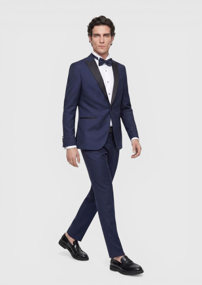 Saks Düz Fashion Slim Fit Kruvaze Yaka Dokuma Smokin Takım Elbise - 3