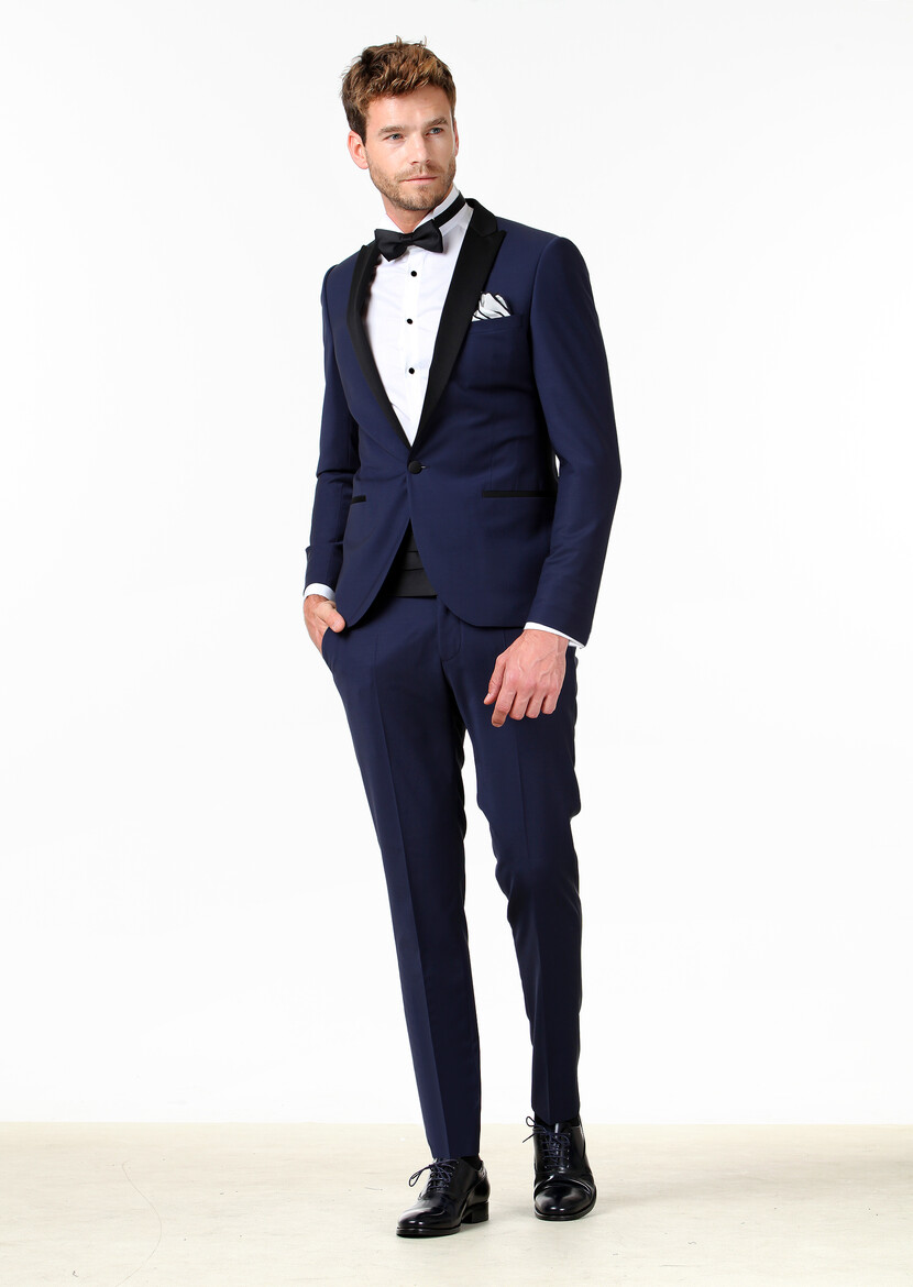 Saks Düz Fashion Slim Fit Kruvaze Yaka Dokuma Smokin Takım Elbise - 1