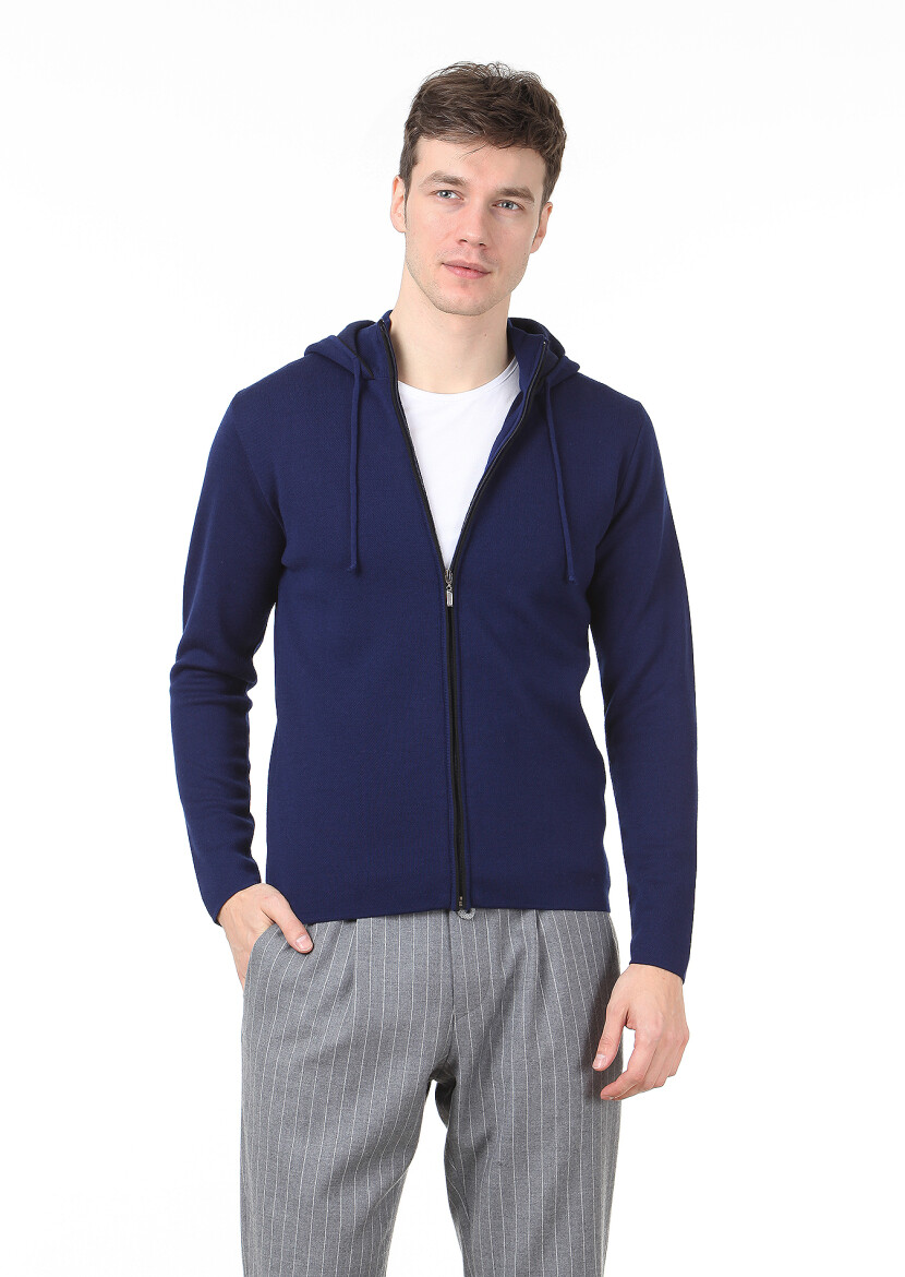 Saks Düz Örgü Yün Karışımlı Hırka - 1