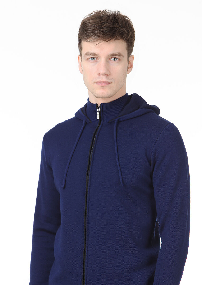 Saks Düz Örgü Yün Karışımlı Hırka - 2