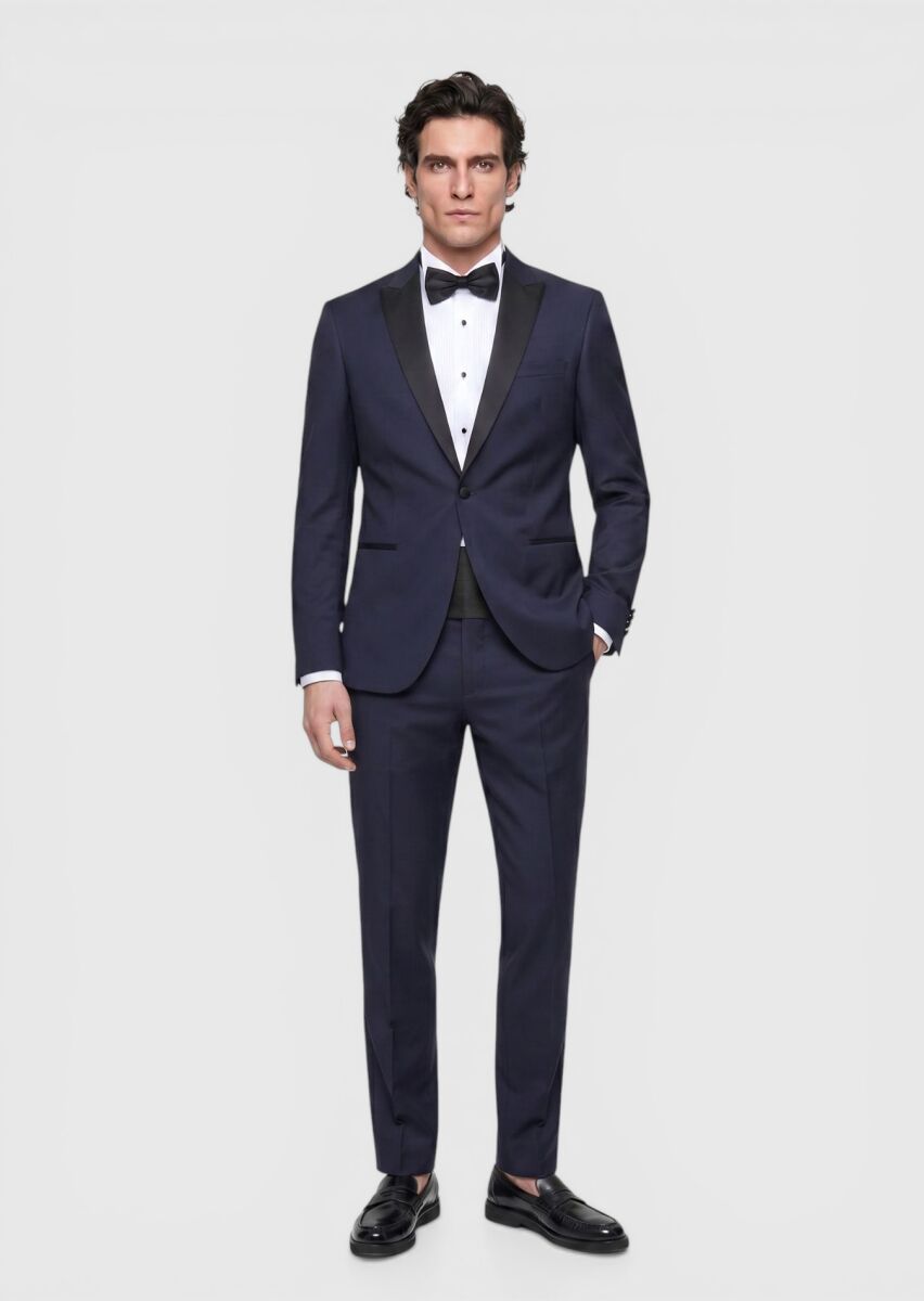RAMSEY Saks Düz Slim Fit Kelebek Yaka Dokuma Smokin Takım Elbise