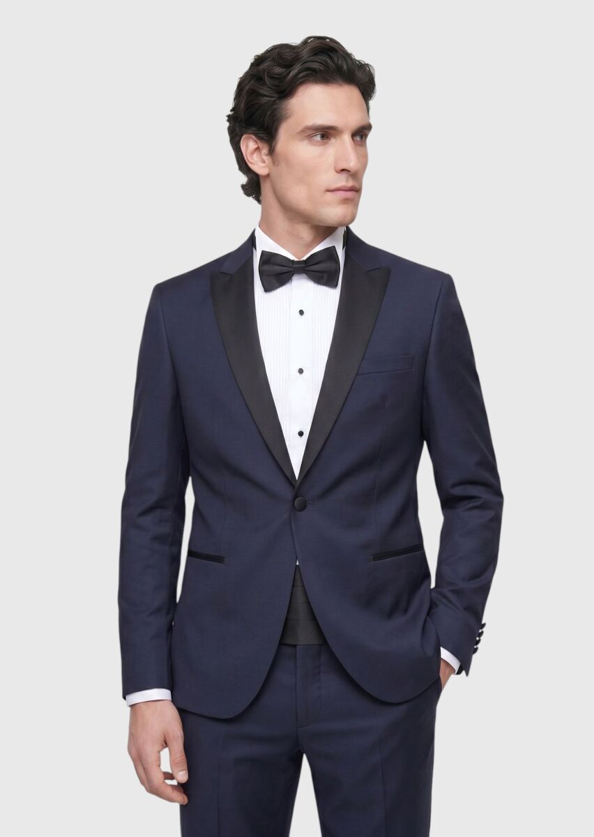 RAMSEY Saks Düz Slim Fit Kelebek Yaka Dokuma Smokin Takım Elbise görsel 2