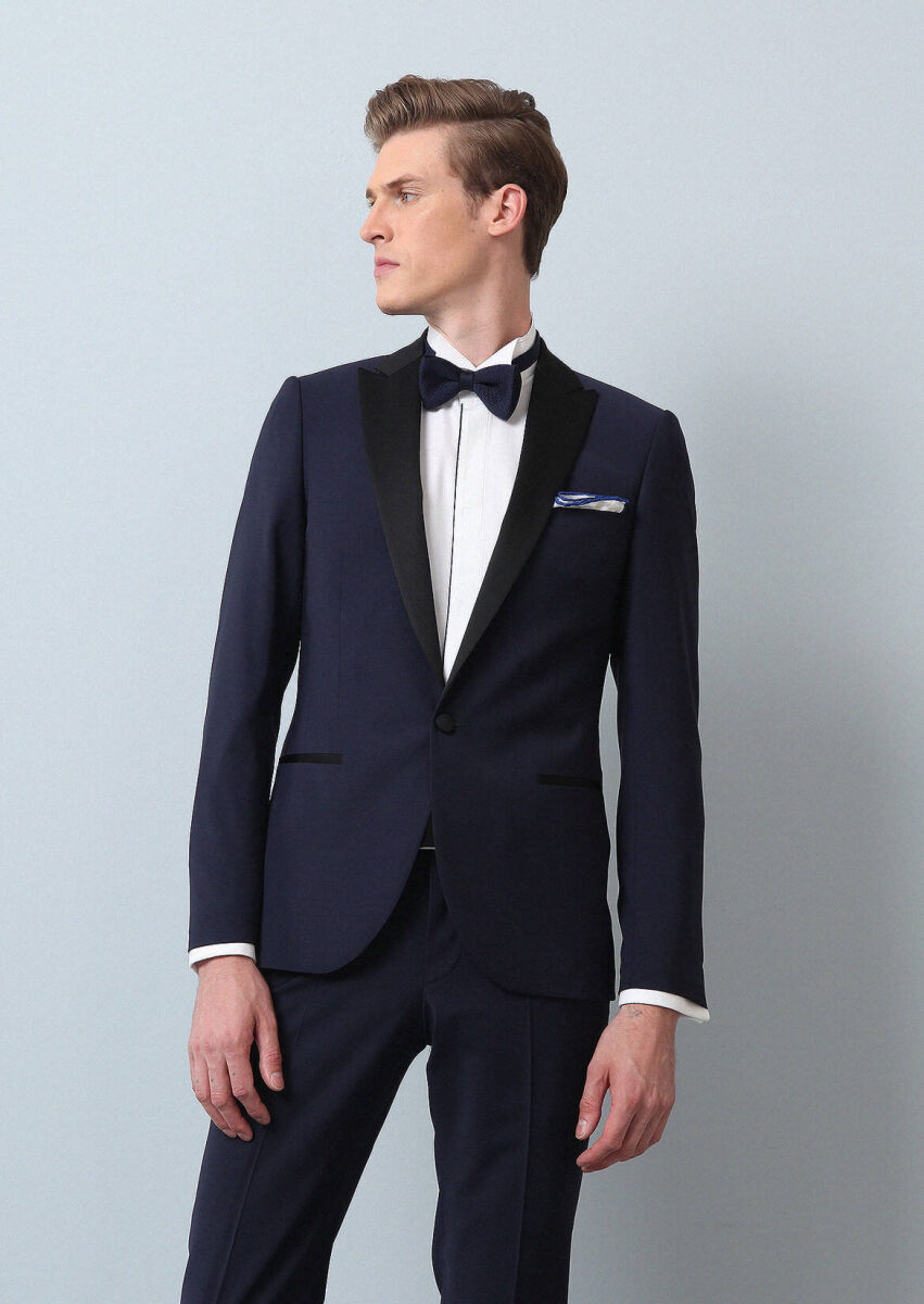 Saks Düz Slim Fit Kruvaze Yaka Dokuma Smokin Takım Elbise - 2