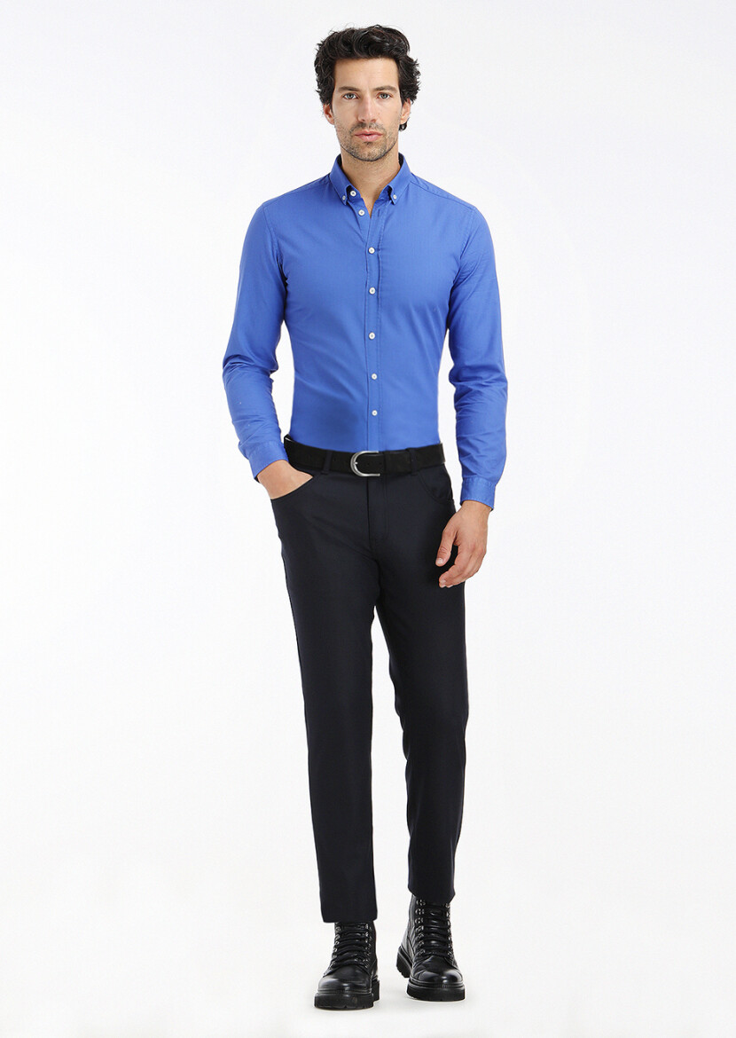 Saks Fitilli Regular Fit Uzun Dokuma Casual %100 Pamuk Gömlek - 1