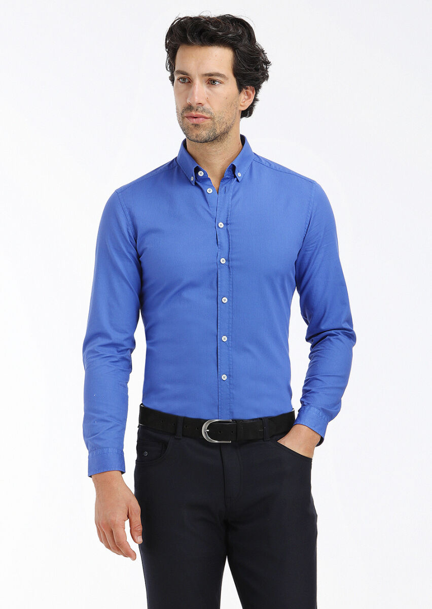 Saks Fitilli Regular Fit Uzun Dokuma Casual %100 Pamuk Gömlek - 2