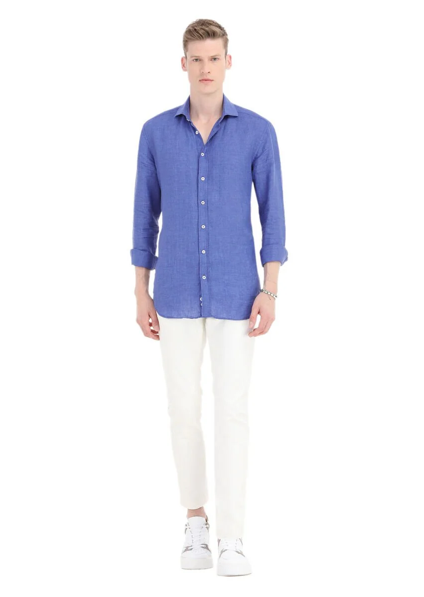 Saks Plain Regular Fit Weaving Casual 100% Linen Shirt - 1