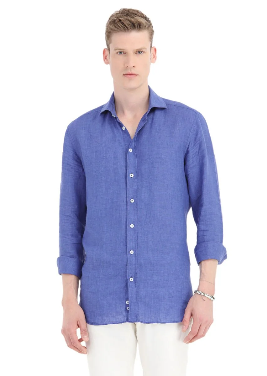 Saks Plain Regular Fit Weaving Casual 100% Linen Shirt - 2
