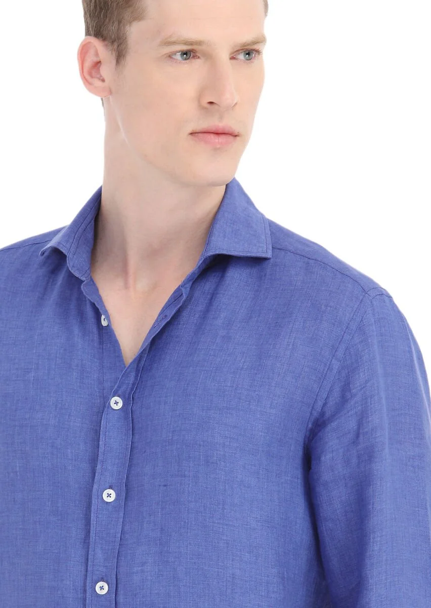 Saks Plain Regular Fit Weaving Casual 100% Linen Shirt - 3