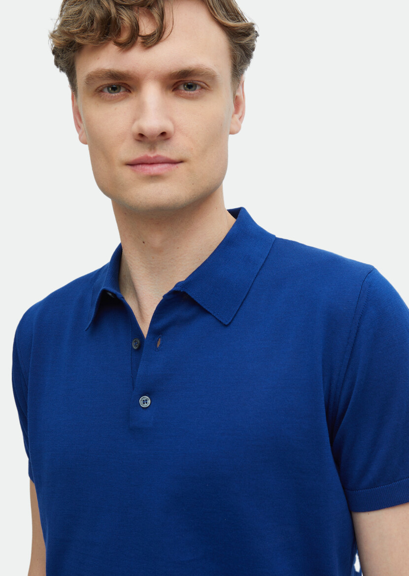 Saks Polo Yaka Düz Örgü %100 Pamuk Triko - 3