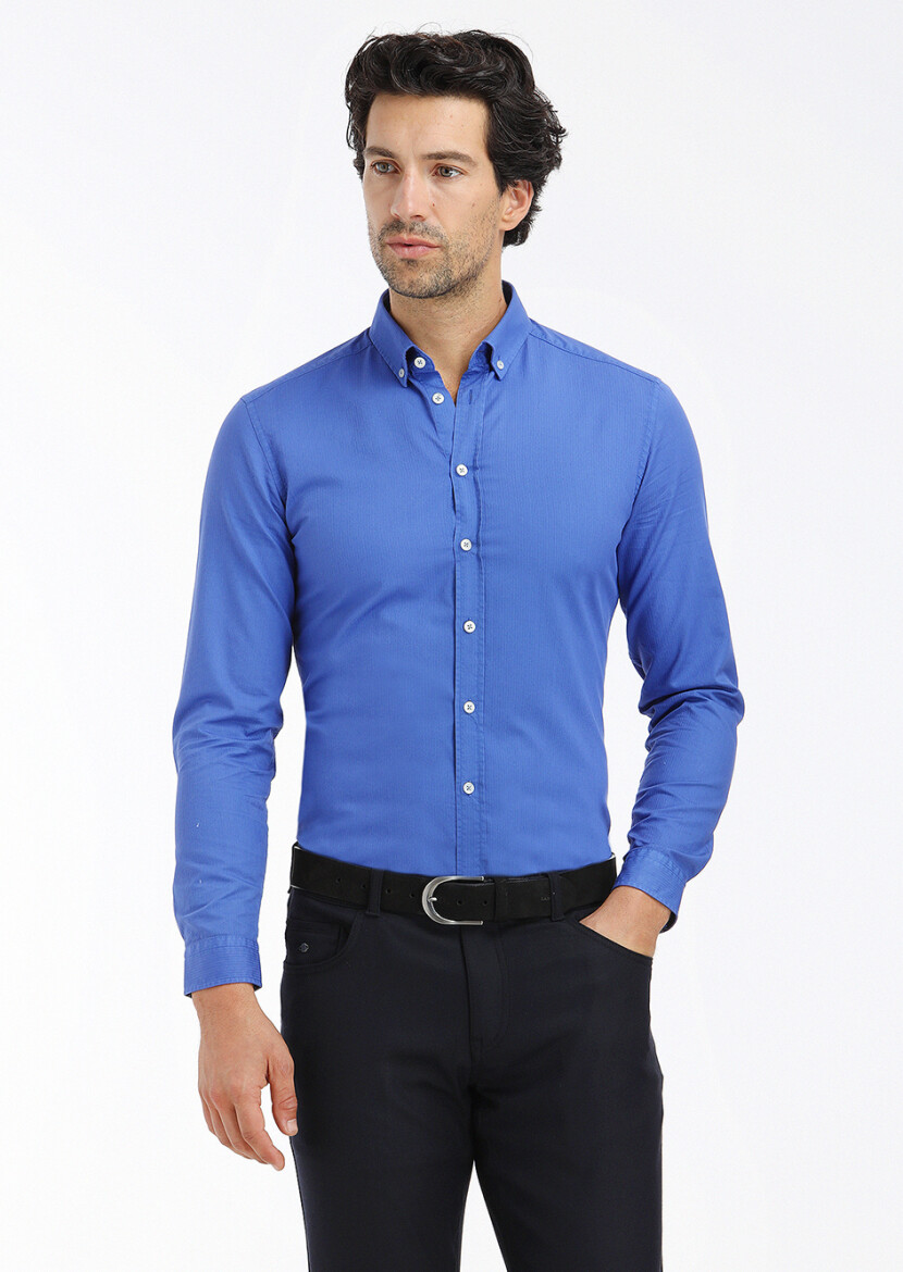 Saks Ribbed Regular Fit Long Weaving Casual 100% Cotton Shirt 