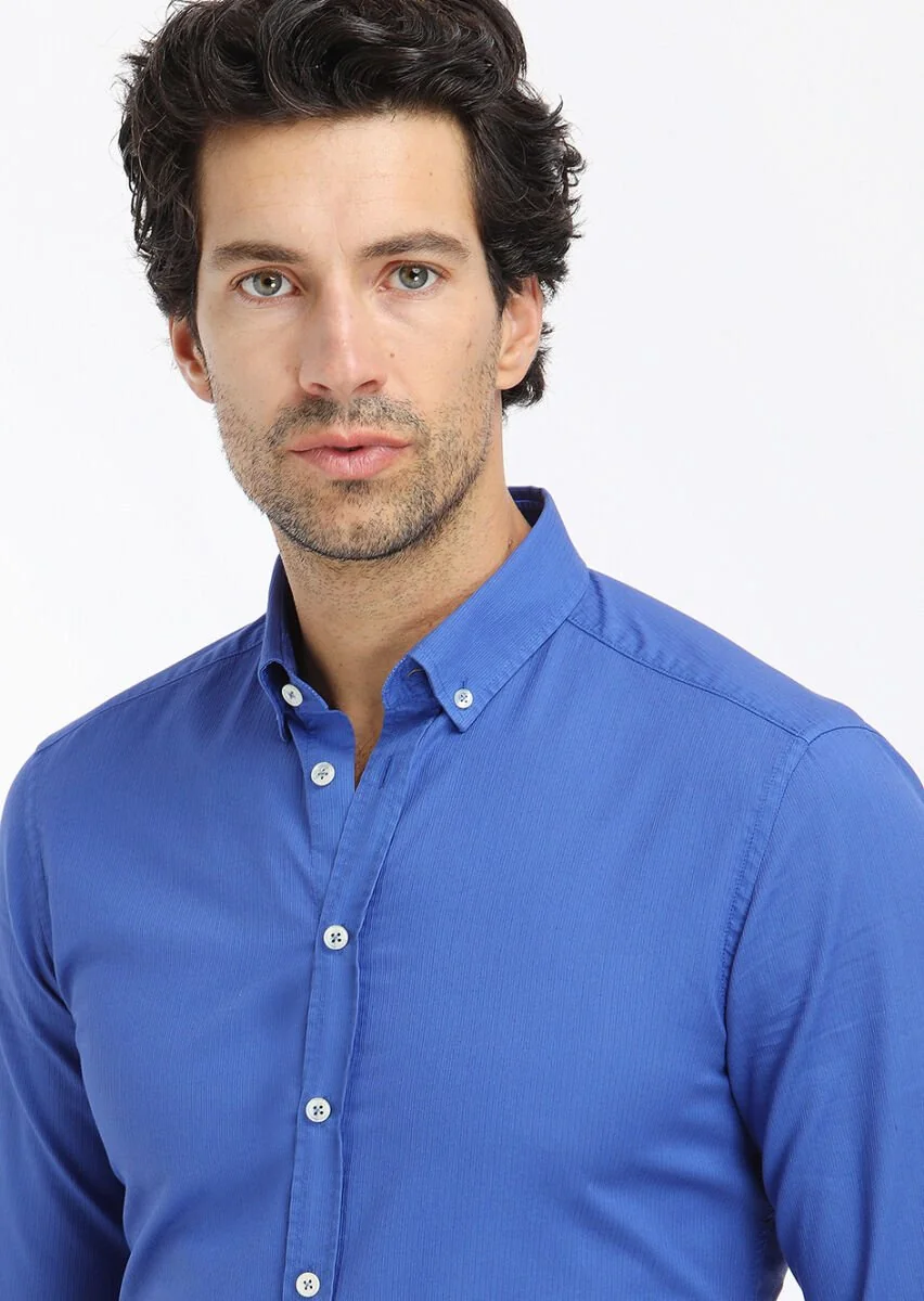 Saks Ribbed Regular Fit Weaving Casual 100% Cotton Shirt - 4