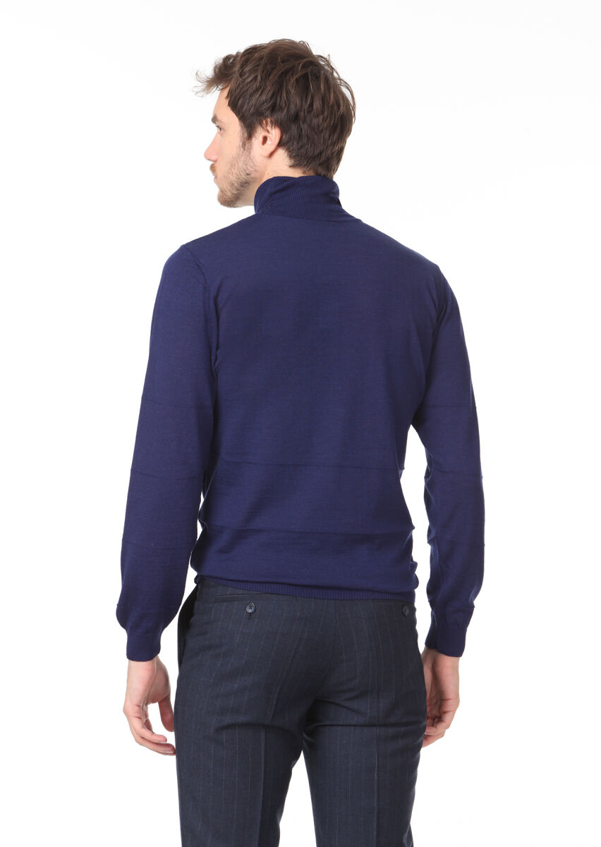 Saks Tam Balıkçı Yaka Düz Örgü Yün Karışımlı Triko Kazak - 4