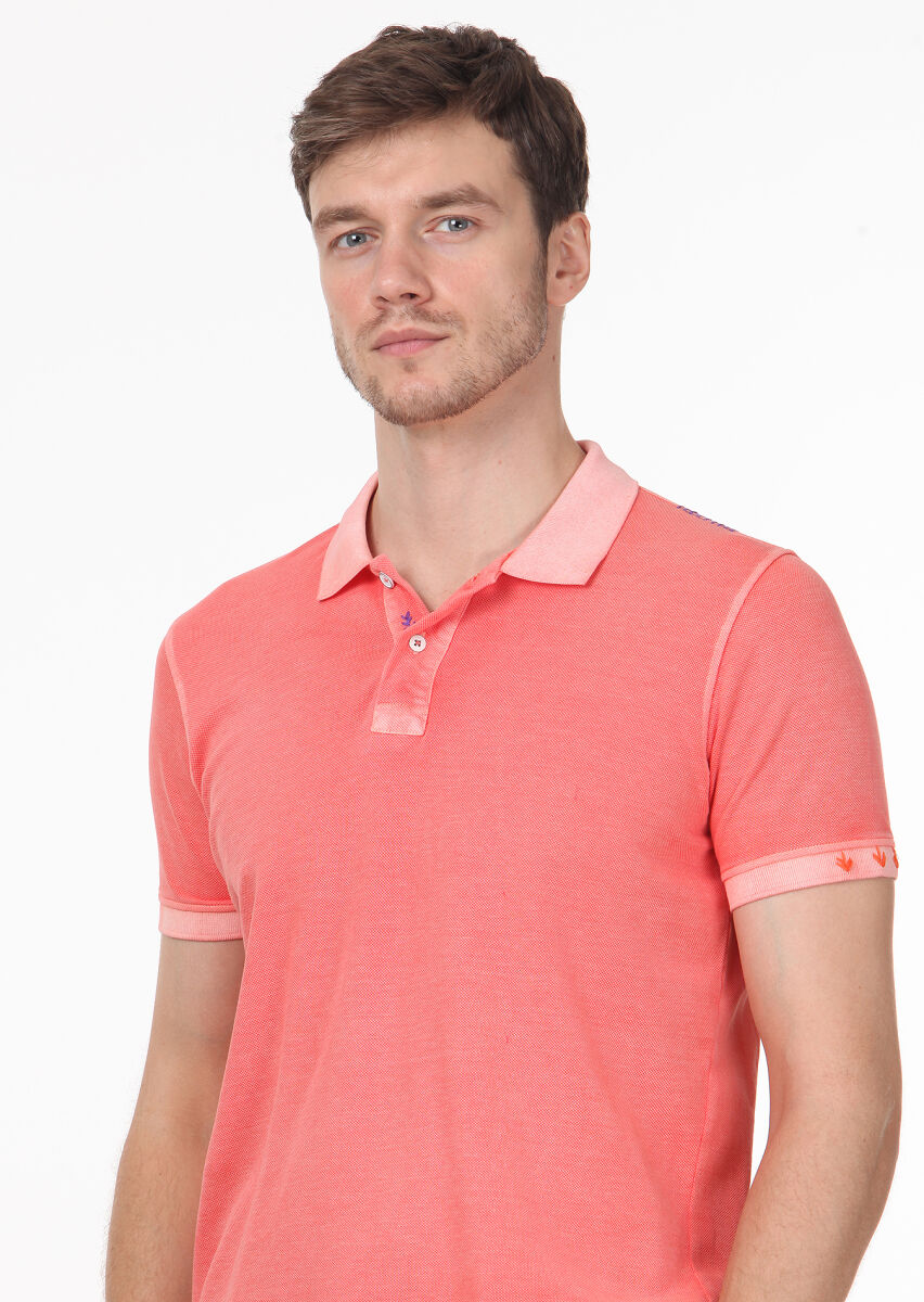 Salmon Plain Polo Neck 100% Cotton T-Shirt - 2