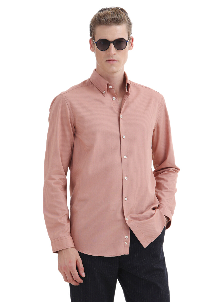 Salmon Plain Regular Fit Long Weaving Casual 100% Cotton Shirt - 1