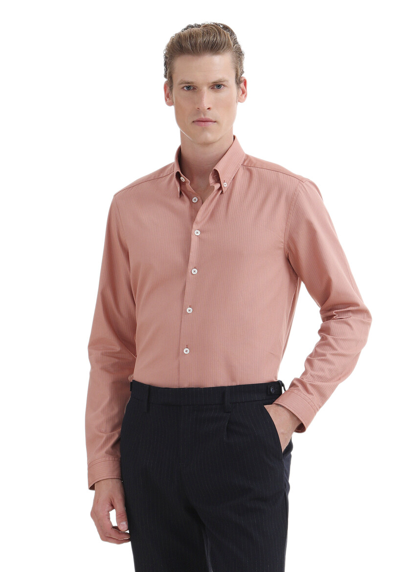Salmon Plain Regular Fit Long Weaving Casual 100% Cotton Shirt - 3