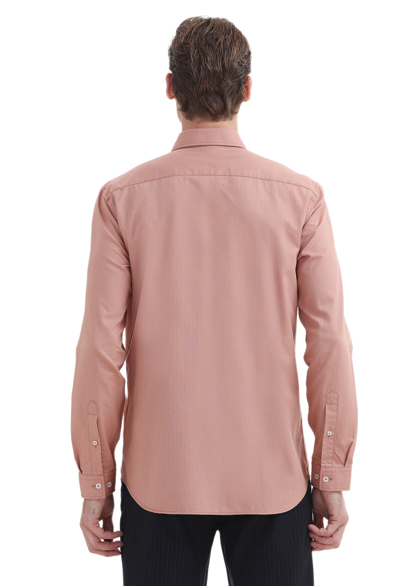 Salmon Plain Regular Fit Long Weaving Casual 100% Cotton Shirt - 4