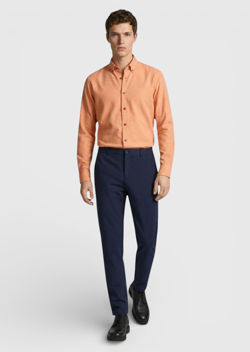 Salmon Plain Regular Fit Long Weaving Casual 100% Cotton Shirt - 3