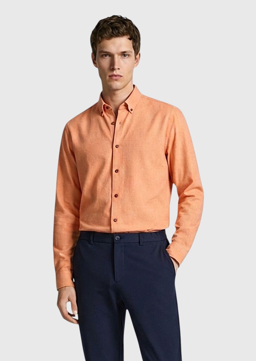 Salmon Plain Regular Fit Weaving Casual 100% Cotton Shirt - 1