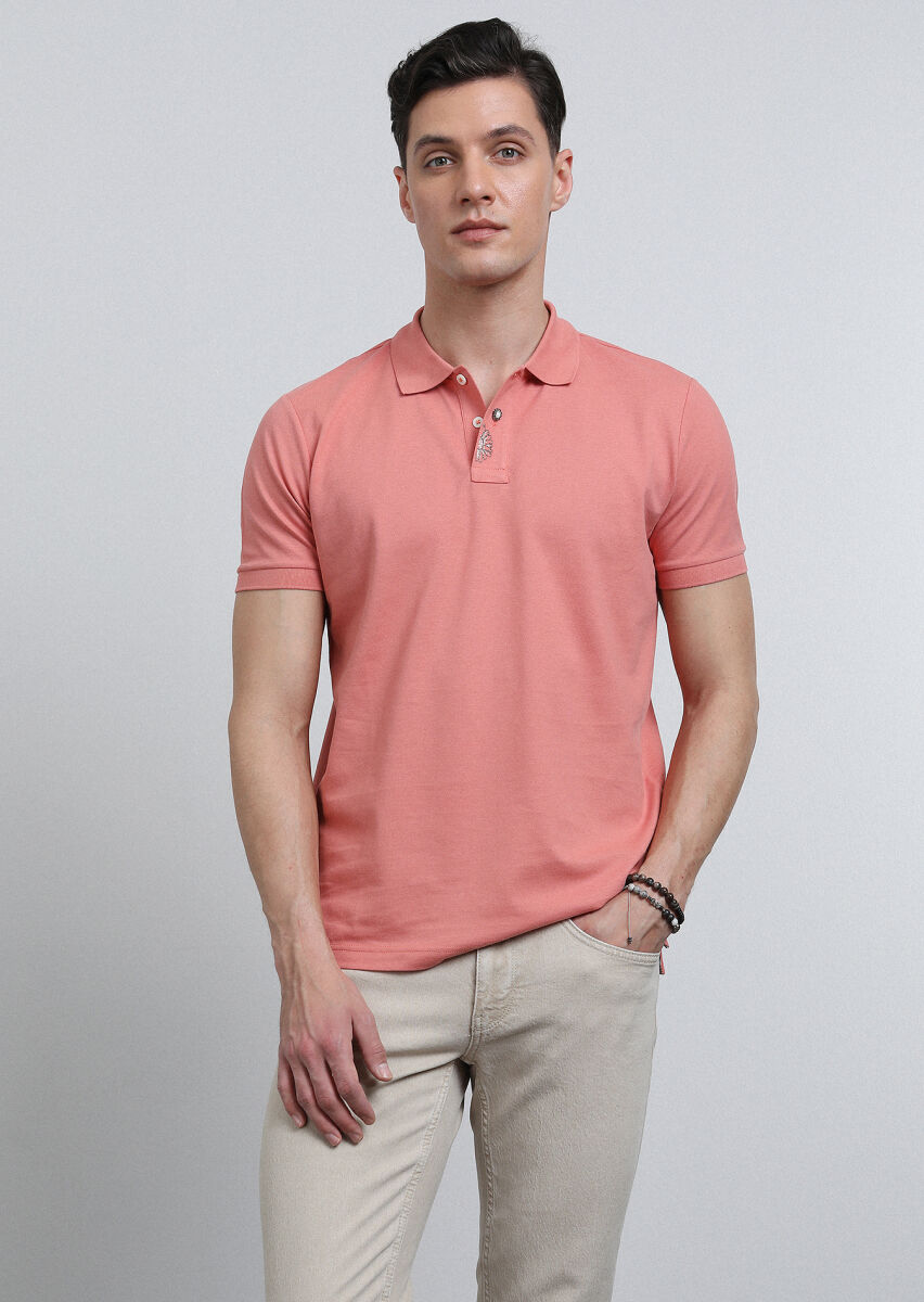 Salmon Polo Neck 100% Cotton T-Shirt - 1
