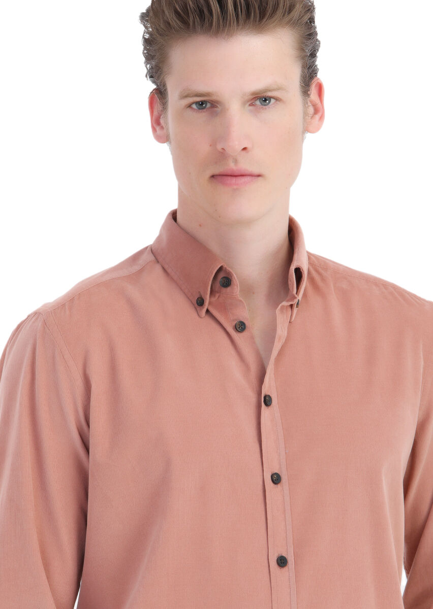 Salmon Ribbed Regular Fit Long Weaving Casual 100% Cotton Shirt - 4