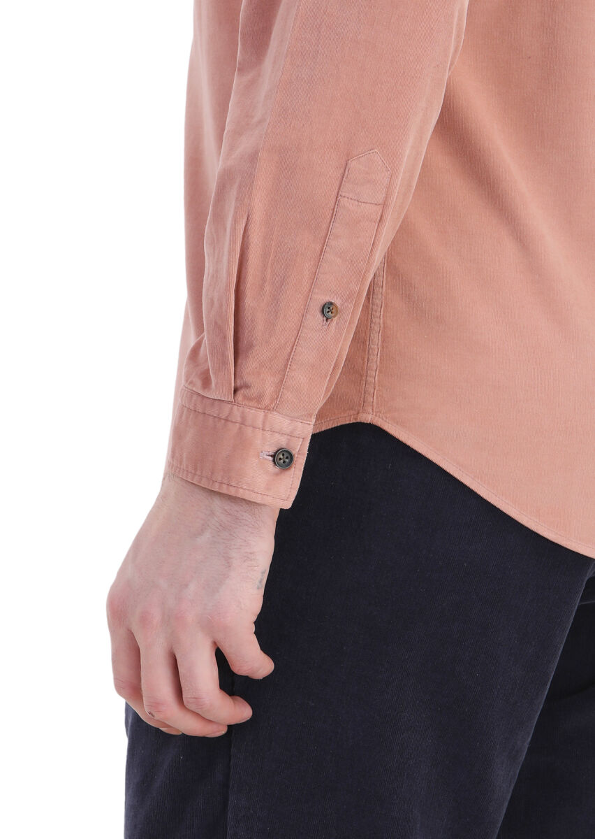 Salmon Ribbed Regular Fit Long Weaving Casual 100% Cotton Shirt - 5
