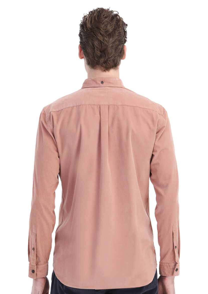 Salmon Ribbed Regular Fit Long Weaving Casual 100% Cotton Shirt - 6