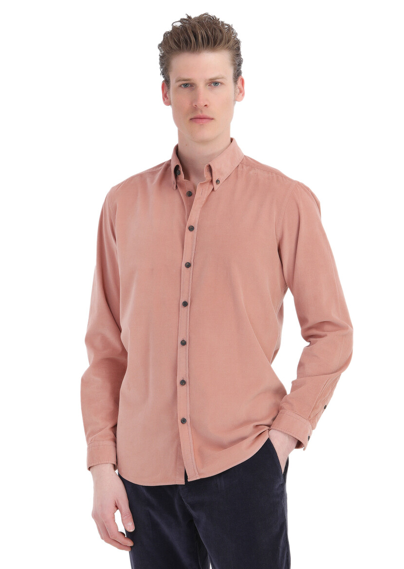 Salmon Ribbed Regular Fit Weaving Casual 100% Cotton Shirt - 1