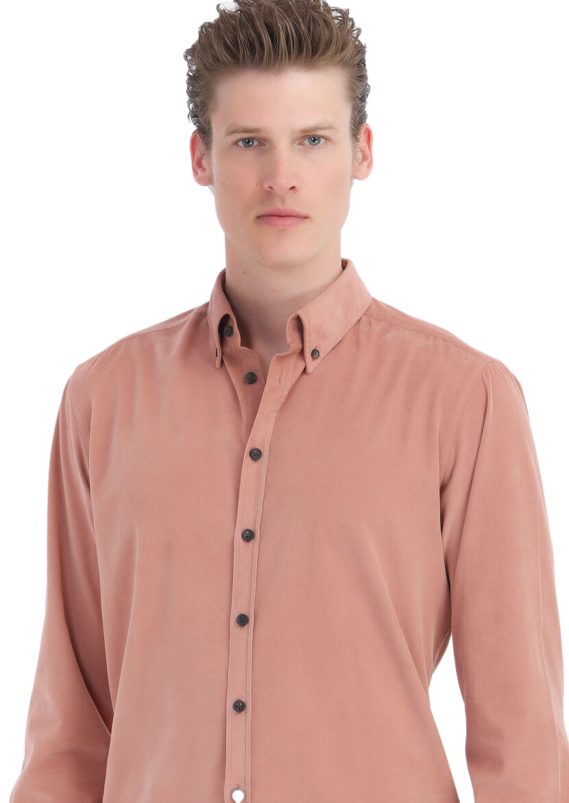 Salmon Ribbed Regular Fit Weaving Casual 100% Cotton Shirt - 3