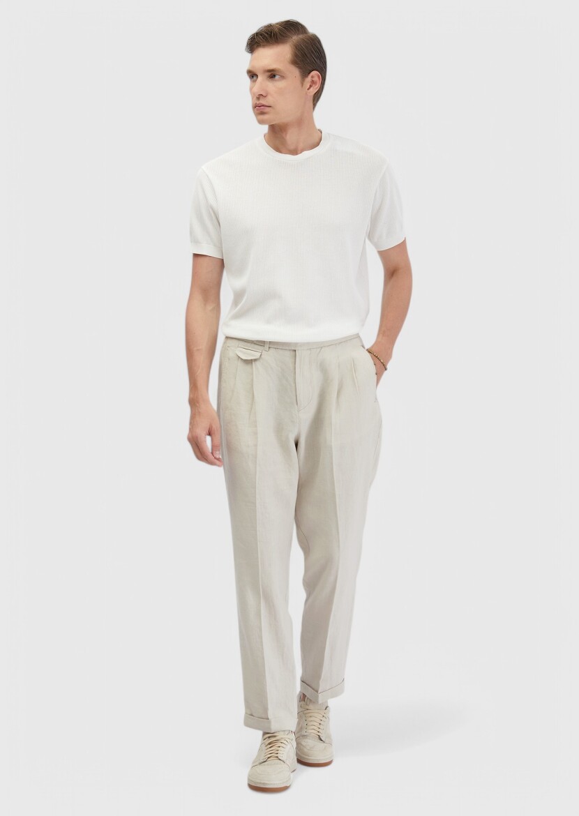 Sandy Weaving Carrot Fit Casual 100% Linen Trousers - 3