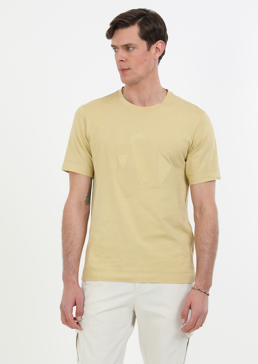 Sarı Baskılı Bisiklet Yaka Pamuk Karışımlı T-Shirt - 1