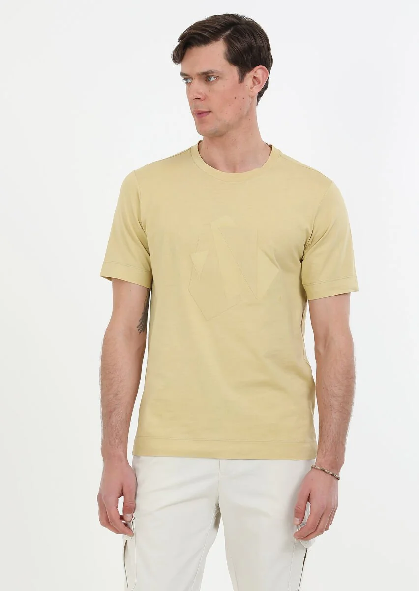 Sarı Baskılı Bisiklet Yaka Pamuk Karışımlı T-Shirt - 1