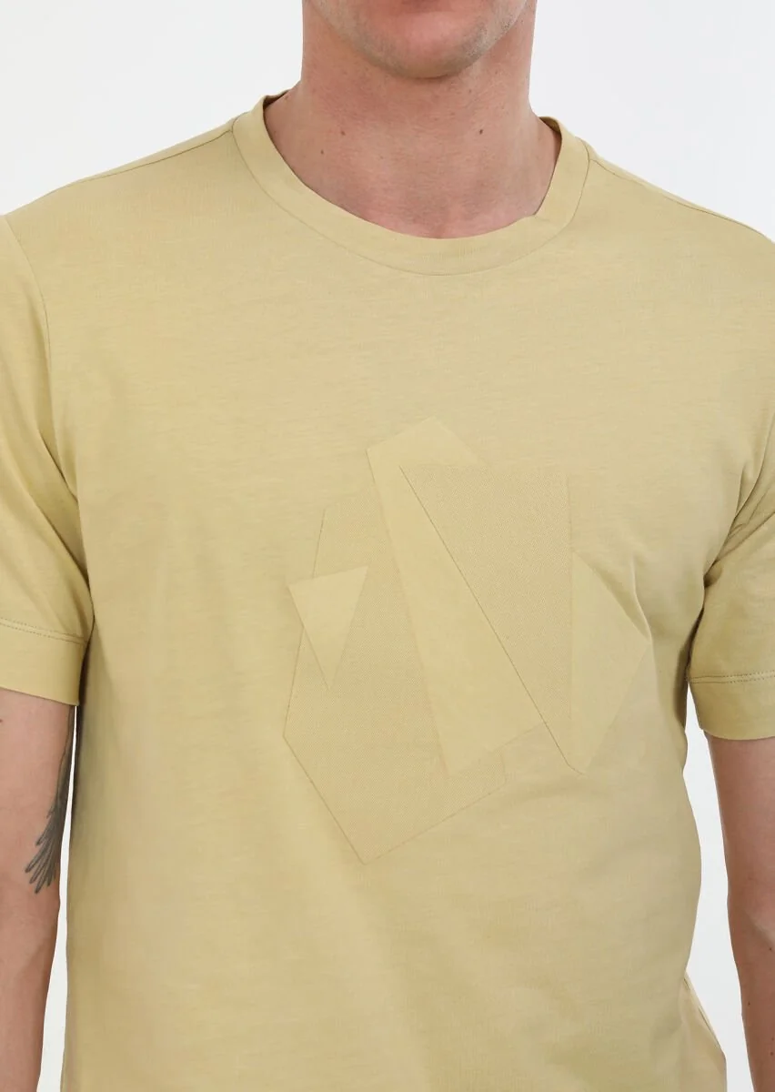 Sarı Baskılı Bisiklet Yaka Pamuk Karışımlı T-Shirt - 3