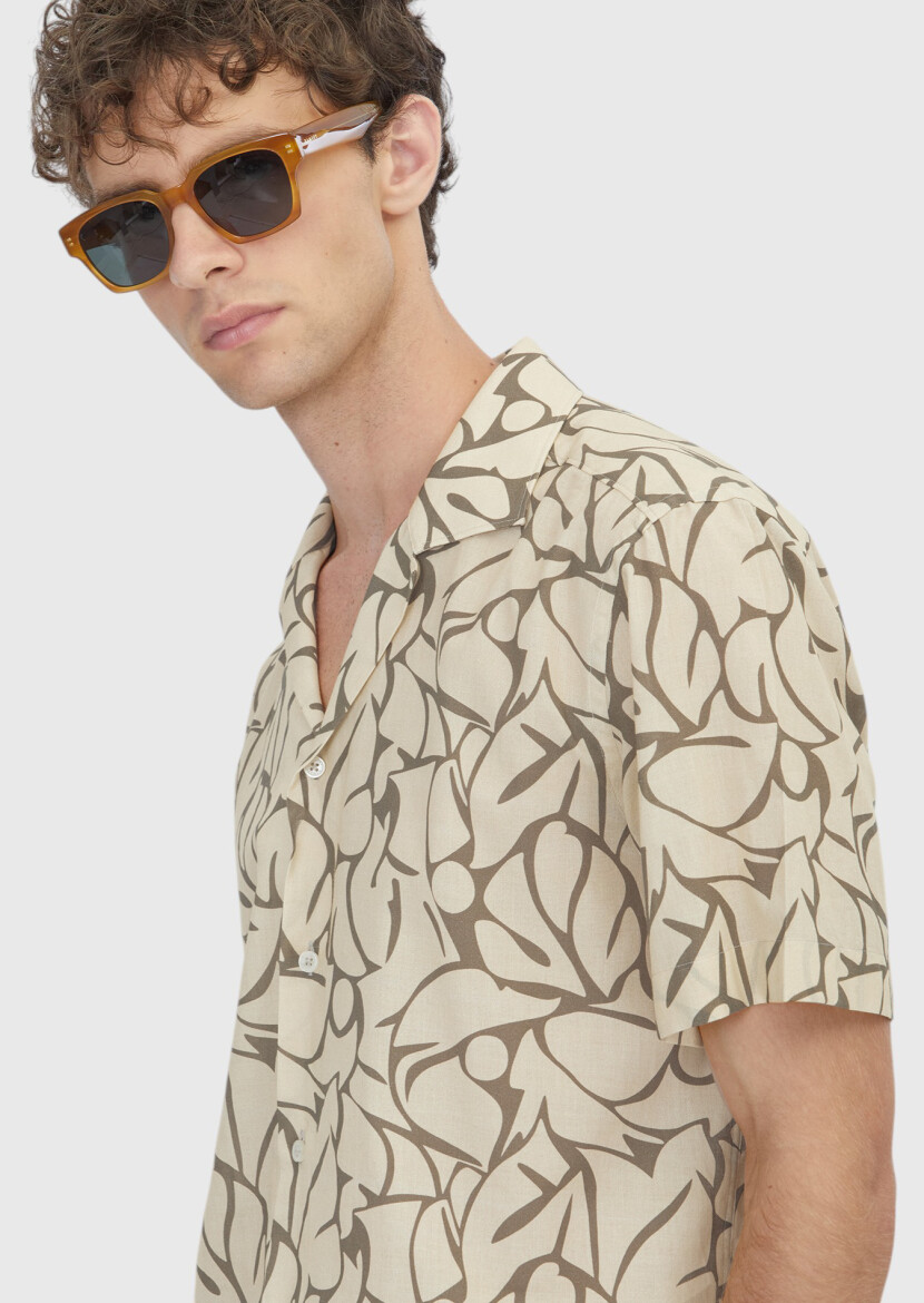 Sarı Baskılı Regular Fit Kısa Dokuma Casual %100 Pamuk Gömlek - 4