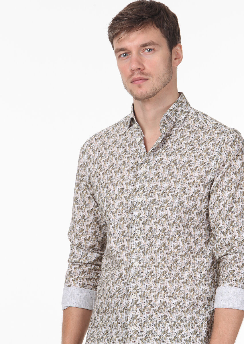 Sarı Baskılı Regular Fit Uzun Dokuma Casual %100 Pamuk Gömlek - 3