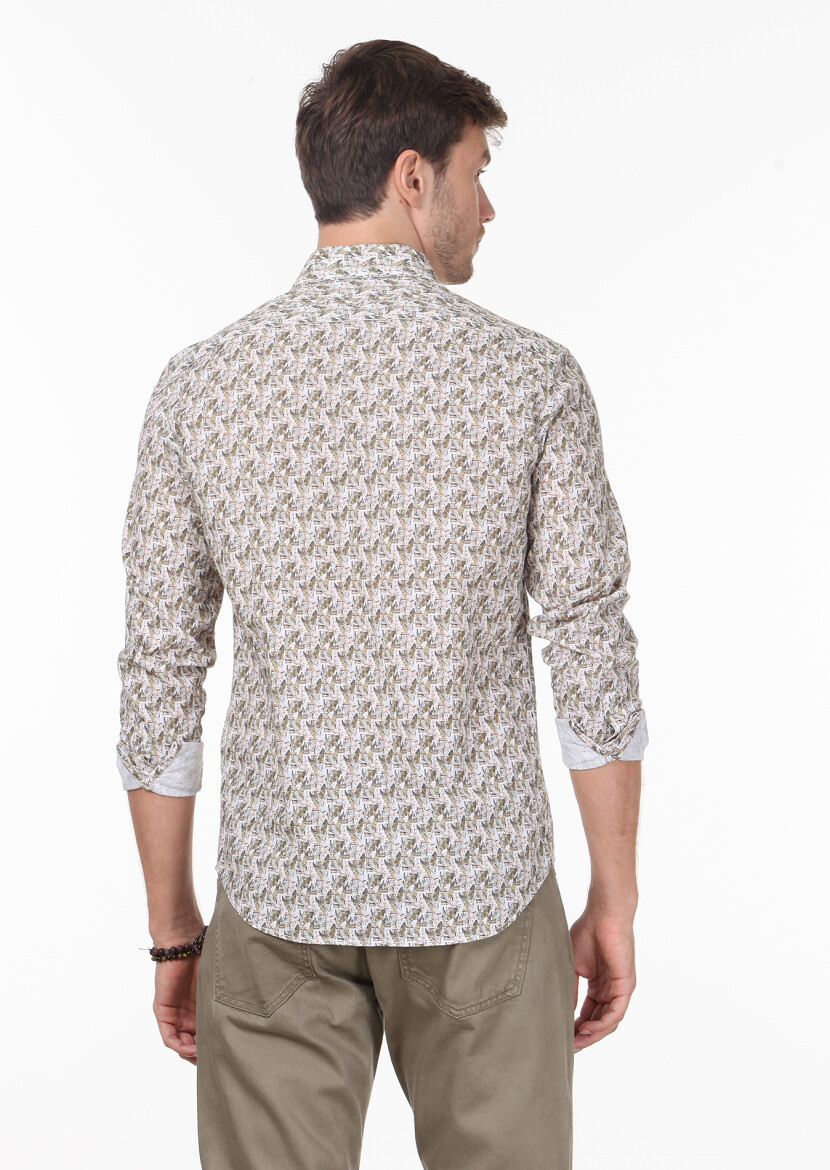 Sarı Baskılı Regular Fit Uzun Dokuma Casual %100 Pamuk Gömlek - 4