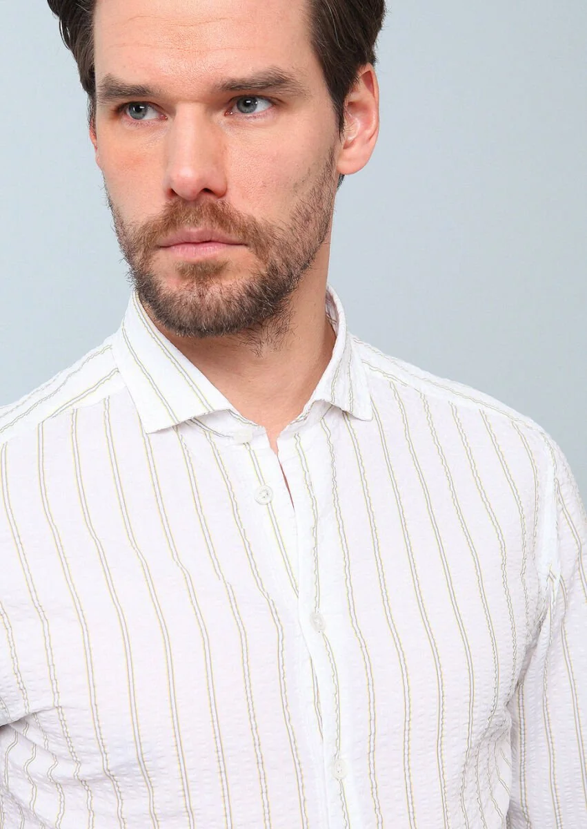 Sarı Baskılı Slim Fit Dokuma Casual %100 Pamuk Gömlek - 4