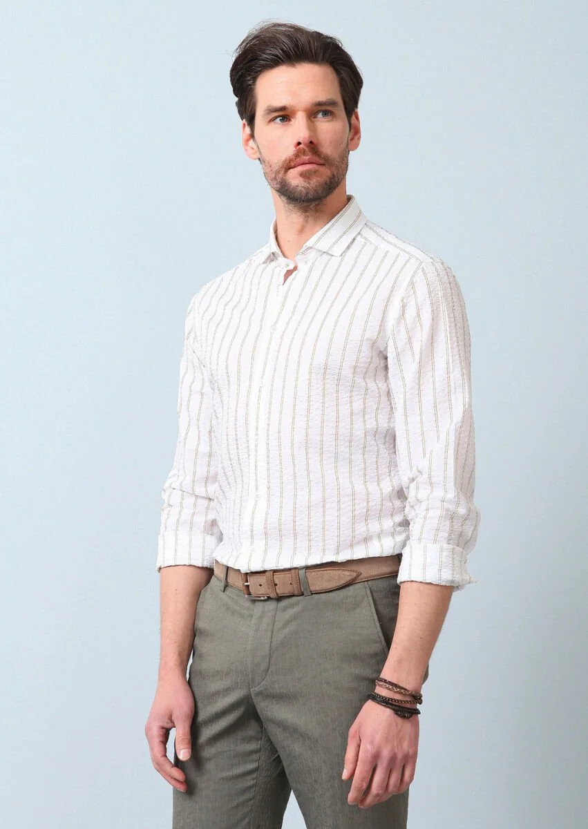 Sarı Baskılı Slim Fit Dokuma Casual %100 Pamuk Gömlek - 5